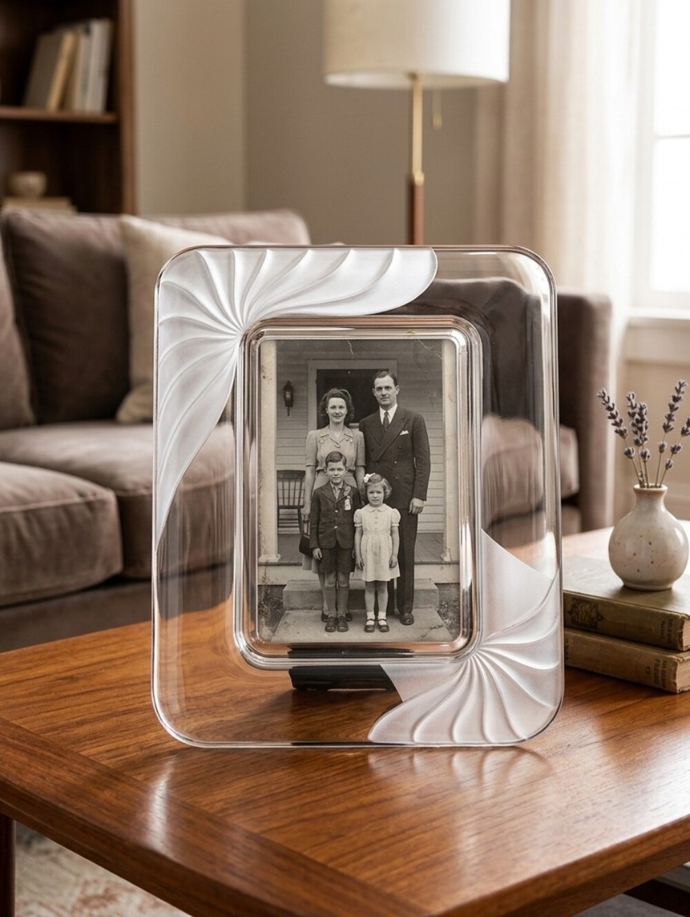 Vintage Clear Decorative Glass Frame with White Frosted Swirl Accents 8 X 10"
